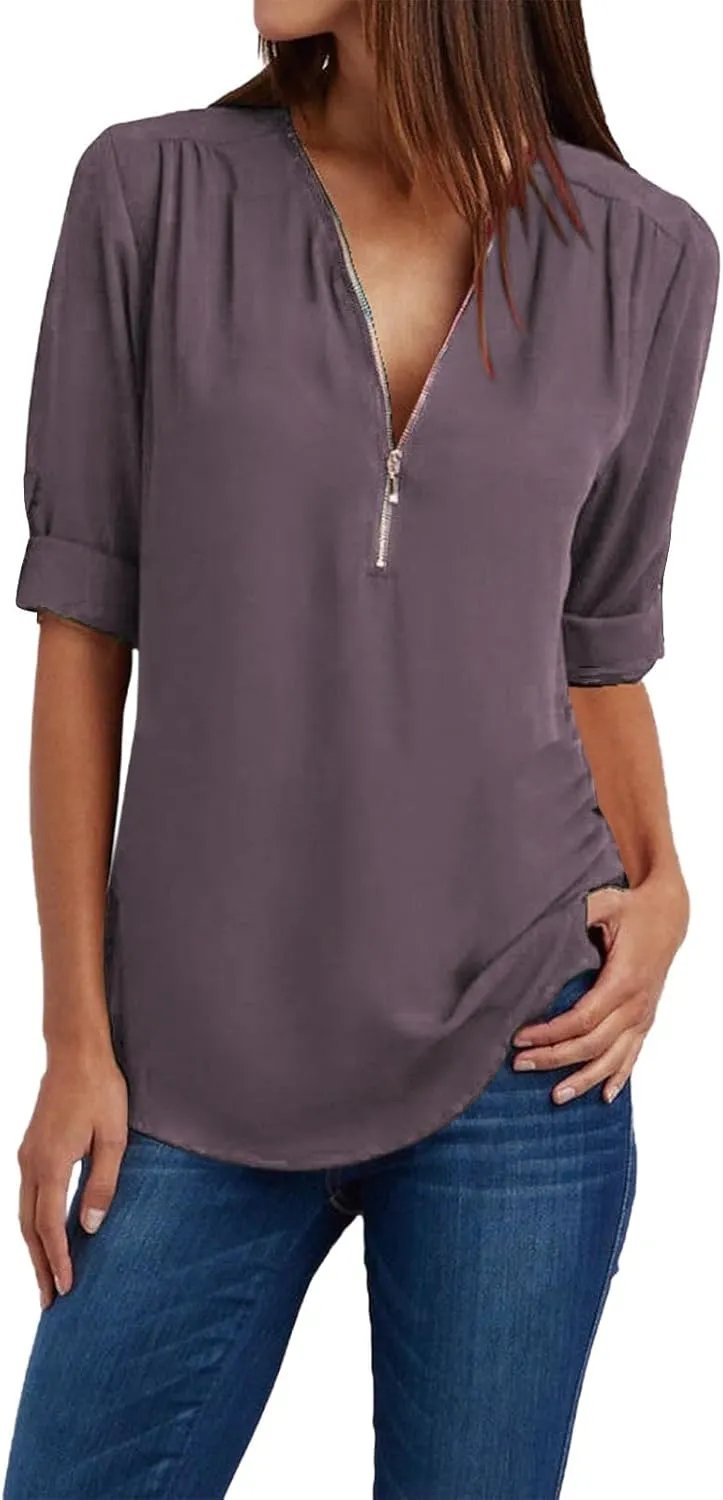 Womens Summer Tops 2025 Plus Size Zip Front 3/4 Sleeve Shirts V Neck Blouses Tunic Top Trendy Dressy Casual Outfits