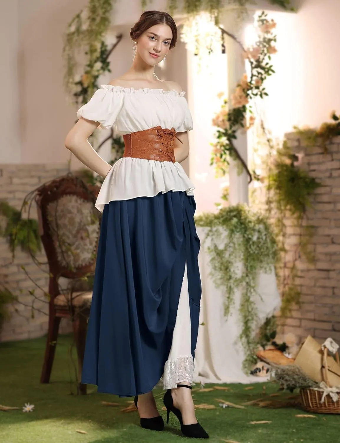 Women's Vintage Maxi Long Skirt Double-Layer Victorian Renaissance Skirts