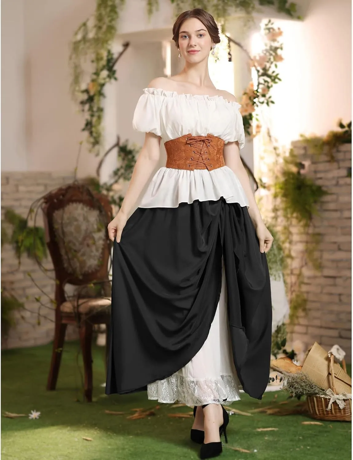 Women's Vintage Maxi Long Skirt Double-Layer Victorian Renaissance Skirts