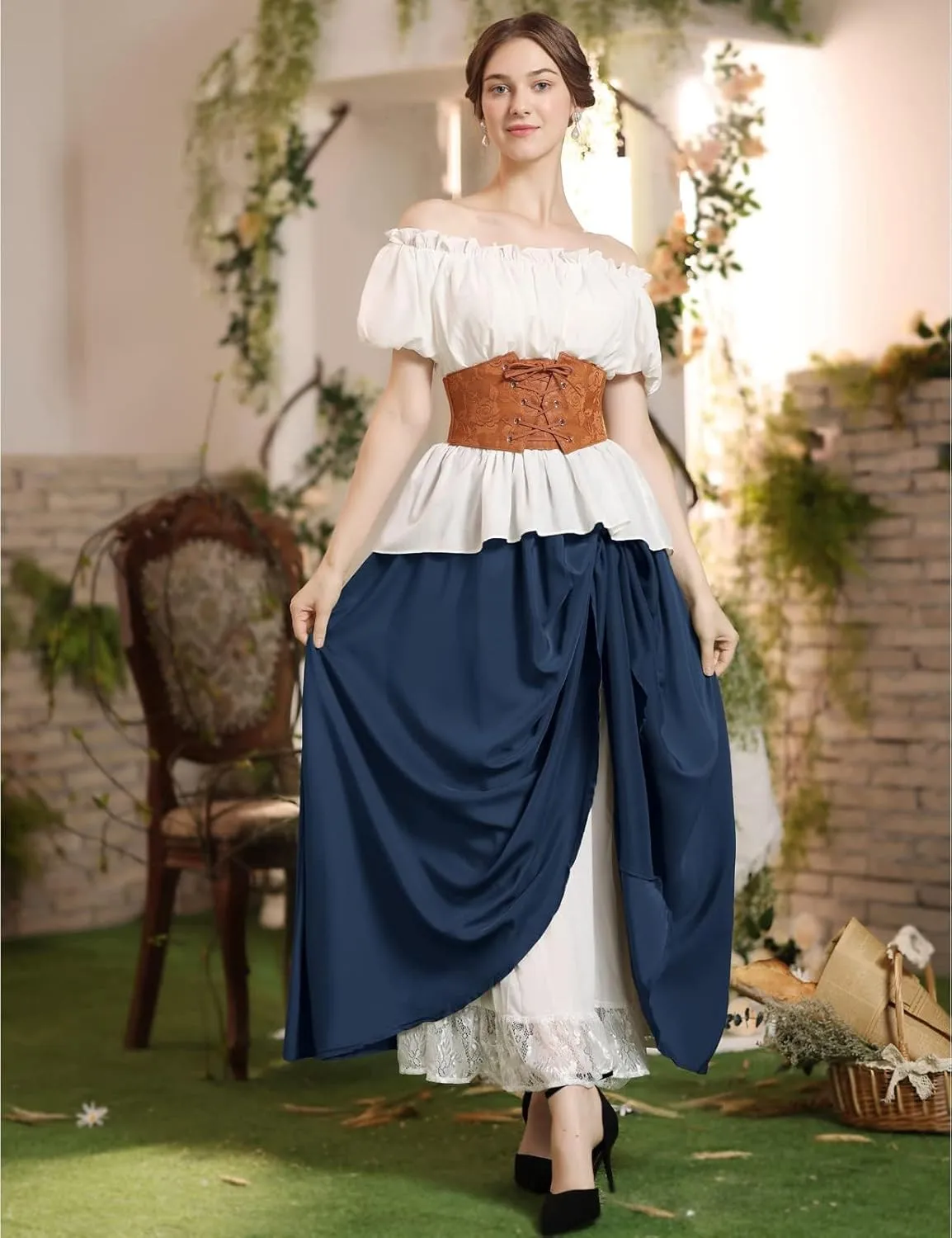 Women's Vintage Maxi Long Skirt Double-Layer Victorian Renaissance Skirts