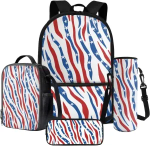 Zebra Print American Flag 4 PCS School Backpack for Kids 17 Inch Portable Bookbag Lunch Bag Pencil Pouch Case Water Bottle Holder Reusable Rucksack Outdoor Daypack