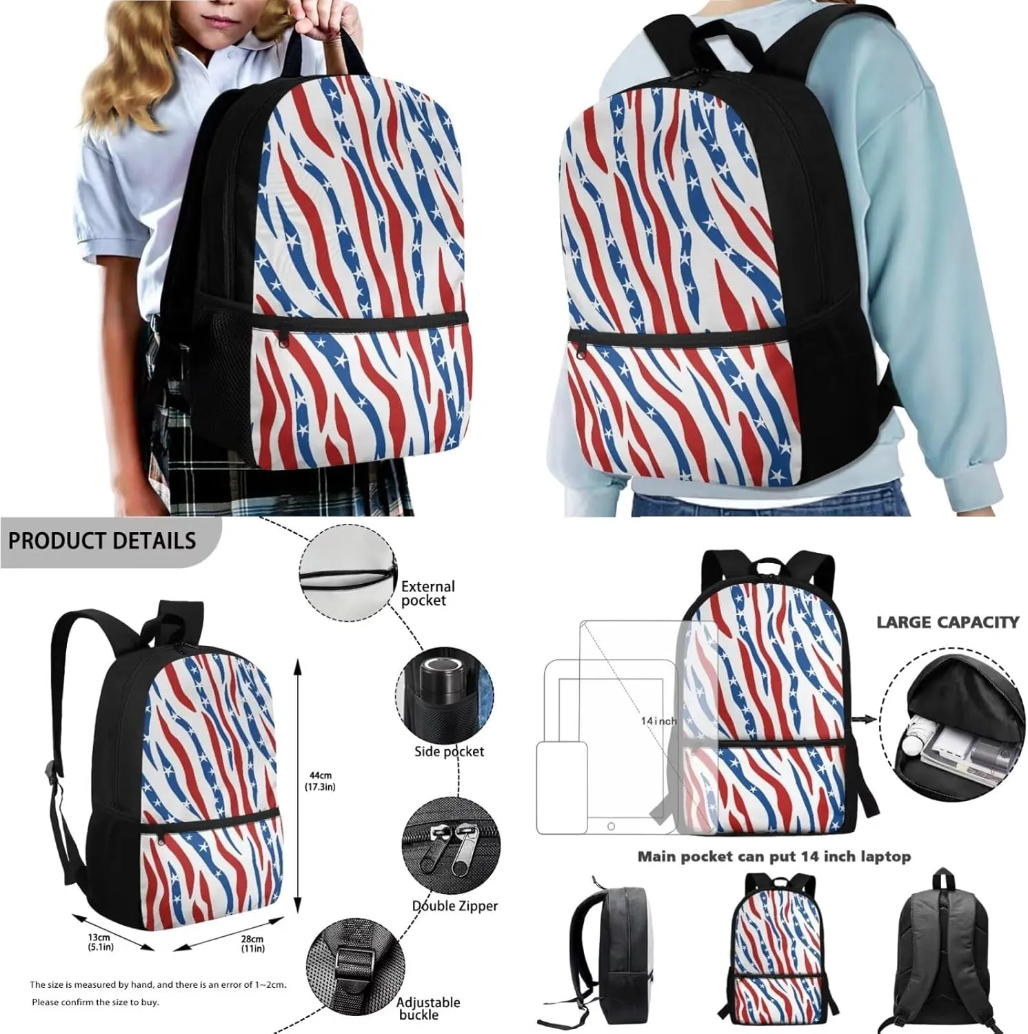 Zebra Print American Flag 4 PCS School Backpack for Kids 17 Inch Portable Bookbag Lunch Bag Pencil Pouch Case Water Bottle Holder Reusable Rucksack Outdoor Daypack