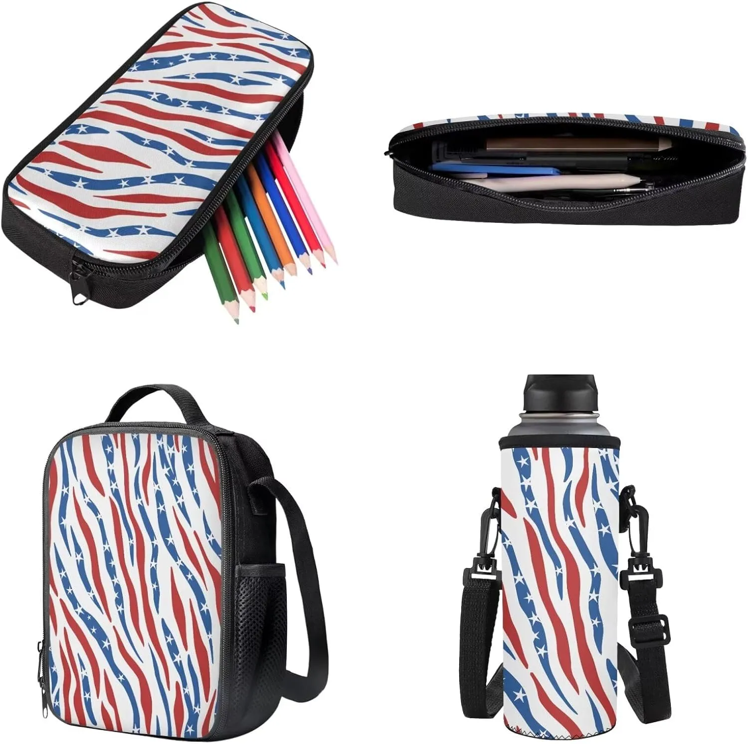 Zebra Print American Flag 4 PCS School Backpack for Kids 17 Inch Portable Bookbag Lunch Bag Pencil Pouch Case Water Bottle Holder Reusable Rucksack Outdoor Daypack